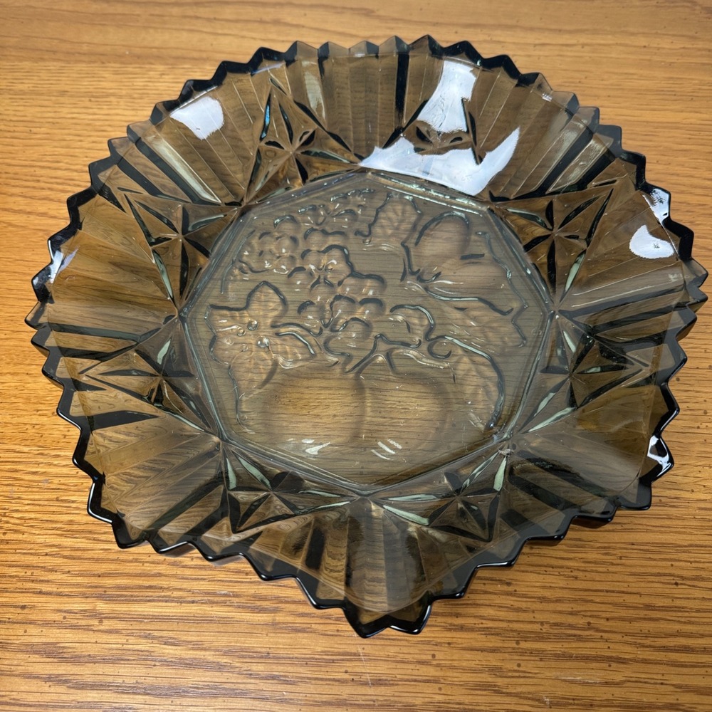 Vintage Smoke Glass Fruit Bowl‎ Embossed Glass Dish Fluted Edge Octagon
